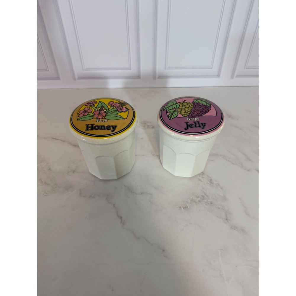 Vintage Ceramic Honey and Grape Jelly Canister Set with Lids Cream Paneled Jars